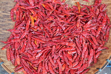 Dried red chili pepper sold in a food street market