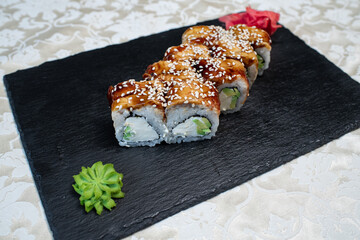 Delicious, juicy and appetizing tender rolls with eel