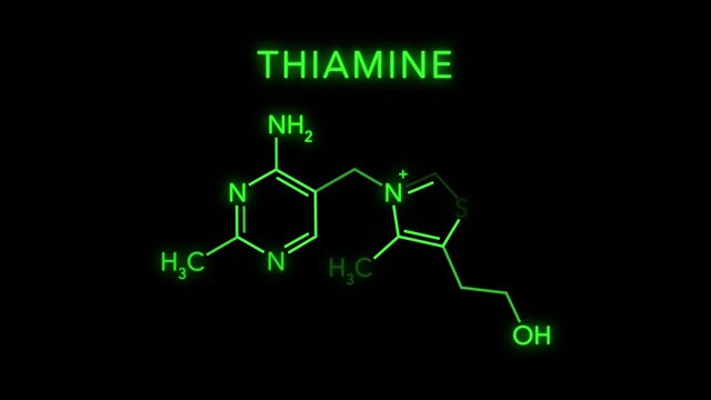 Thiamine or thiamin also known as Vitamin B1 Molecular Structure Symbol Neon Animation on black background