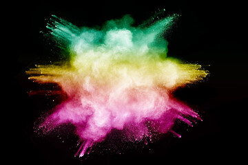 Abstract multicolor powder on black background. holi festival.