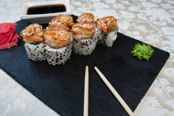 Delicious, juicy and appetizing rolls with tender shrimp