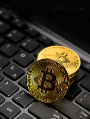 Bitcoin cryptocurrency gold coin on laptop. Blockchain technology.  3d illustration