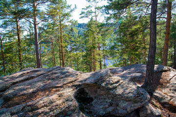 Large stones against the background of a pine forest and lake on a Sunny summer day.