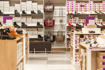 Shoe store interior. New collection and sale of women's shoes.