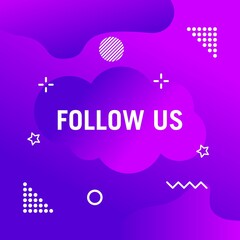 Follow us text modern design template. Purple and white colors. Colorful background