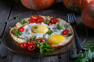 Fried eggs with herbs, onion, tomato and paprika for breakfast on a rustic black wooden background.