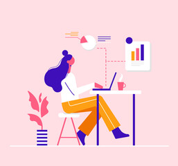 Social media concept. Modern vector minimalistic illustration. The girl is engaged in analytics on the computer.
