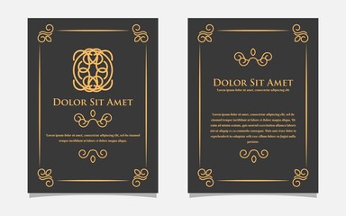Vintage gold greeting card design with a black background. Luxury gold ornament template. For invitation, menu, wallpaper, brochure, decoration.