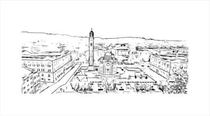 Building view with landmark of Banja Luka is the second largest city in Bosnia and Herzegovina. Hand drawn sketch illustration in vector.