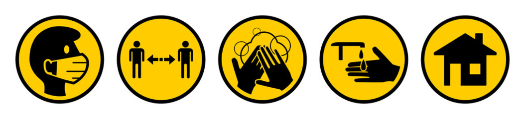 Set of Round Coronavirus Covid-19 Measure Signs including Wear a Face Mask, Keep Your Distance, Wash Your Hands, Sanitize Your Hands and Stay at Home. Vector Image.