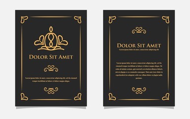 Vintage gold greeting card design with a black background. Luxury gold ornament template. For invitation, menu, wallpaper, brochure, decoration.