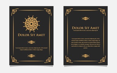 Vintage gold greeting card design with a black background. Luxury gold ornament template. For invitation, menu, wallpaper, brochure, decoration.