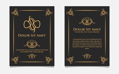 Vintage gold greeting card design with a black background. Luxury gold ornament template. For invitation, menu, wallpaper, brochure, decoration.