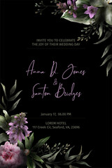 Black invitation template, peony flowers and leaves drawn in low key