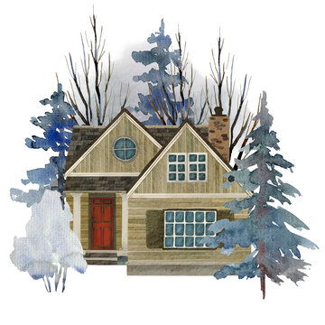Watercolor portrait of house in the winter trees