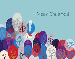 Christmas greeting card with trees in the forest and house. Nice design for winter holidays, vector graphic illustration - 378794316