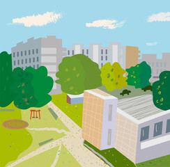 Urban scene with modern buildings and trees at the street. Vector graphic illustration - 378794337