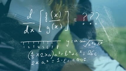 Mathematical equations against woman setting speedometer on her cycle - Powered by Adobe