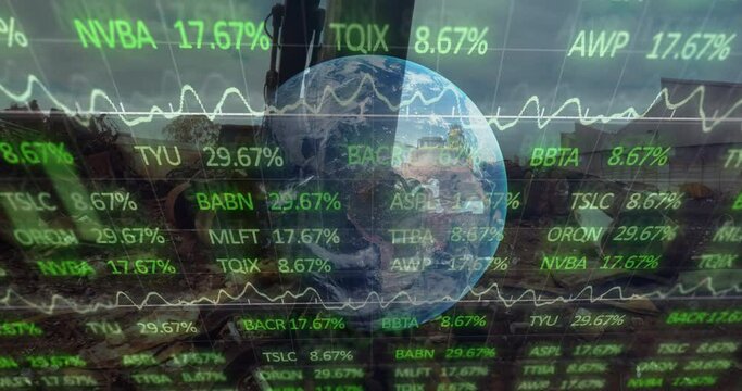 Stock market data processing over globe against urban industrial site