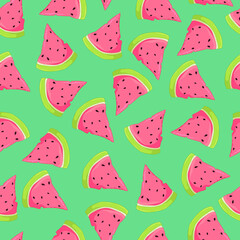 Cartoon watermelon slice seamless pattern template. Colorful vector illustration on bright green background for games, background, wallpaper, decor. Print for fabrics and other surfaces