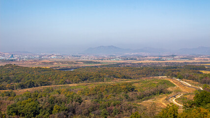 North Korea at the DMZ on a sunny, misty autumn morning, Paju, South Korea