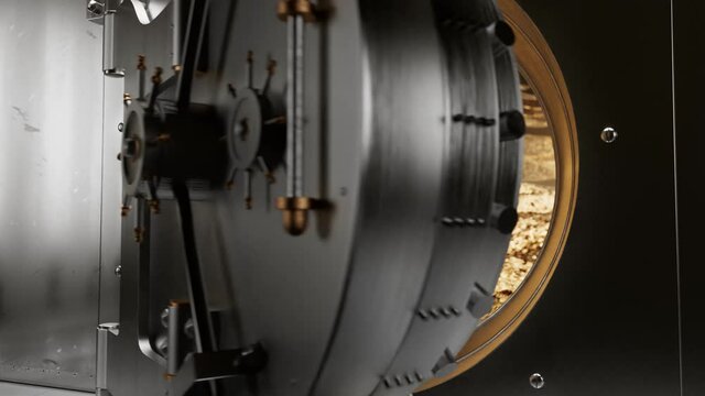 The huge metal treasury door opens. The vault is full of golden coins. Security