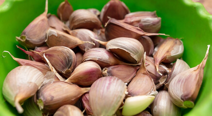 Garlic cloves in a green cup.