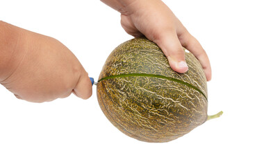 Melon is cut with a knife in hands on a white background.
