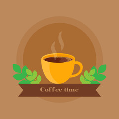 This is an illustration of a cup a hot coffee on a brown background. Flat style. Could be used for flyers, postcards, banners, holidays, etc.