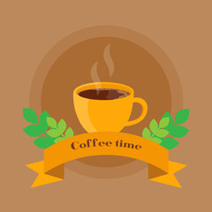 This is an illustration of a cup a hot coffee on a brown background. Flat style. Could be used for flyers, postcards, banners, holidays, etc.