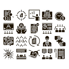 Contract Collection Elements Icons Set Vector Thin Line. Human Silhouette And Hands, Handshake And Agreement Contract Document With Pen Glyph Pictograms Black Illustrations