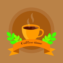 This is a vector illustration of a cup a hot coffee on a brown background. Flat style. Could be used for flyers, postcards, banners, holidays, etc.