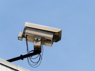A large closed circuit televison video camera mounted on a building for sourvelinace purposes