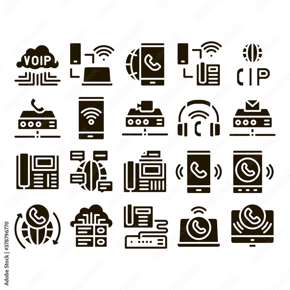 Poster Voip Calling System Glyph Set Vector Thin Line. Server For Voice Ip And Cloud, Smartphone And Phone, Wifi Mark And Headphones Glyph Pictograms Black Illustrations