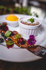 Chocolate souffle and ice cream