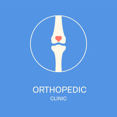 Orthopedics clinic medical logo. Knee joint bones in a circle on blue background. Musculoskeletal system disorders treatment concept. Human body anatomy icon. Vector illustration.