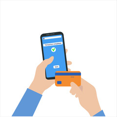 Money transaction online concept. Mobile payments using a smartphone. Hands hold a mobile phone and Bank card. Vector illustration in a trendy flat style isolated on a white background