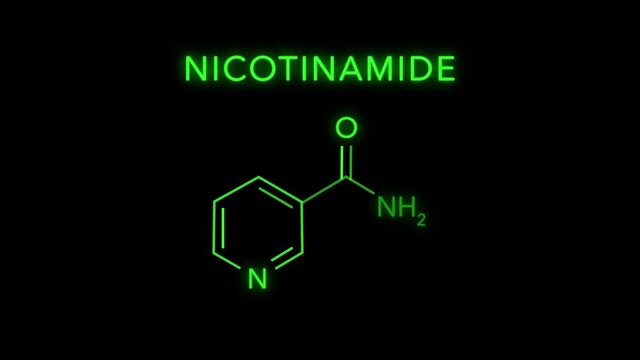 Nicotinamide also known as Vitamin B3 Molecular Structure Symbol Neon Animation on black background