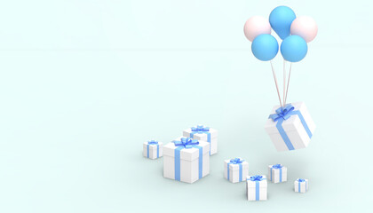 Obraz premium Gift Box Surprise with blue ribbon and blue Balloon on blue background.greeting card paper art style - 3d rendering