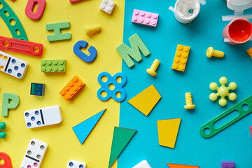 School supplies, stationery space for caption. Back to school concept. School, education and learning concept. creativity for kids. Top view colorful background. Flat lay