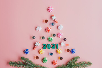 Happy New year 2021. Christmas decorations background with numbers 2021. Greeting card