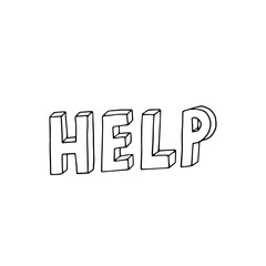 Inscription Help in handwritten letters. Doodle vector illustration. Black and white outline