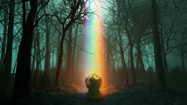 The pot of gold at the end of the rainbow. Leprechaun's treasure in the forest.