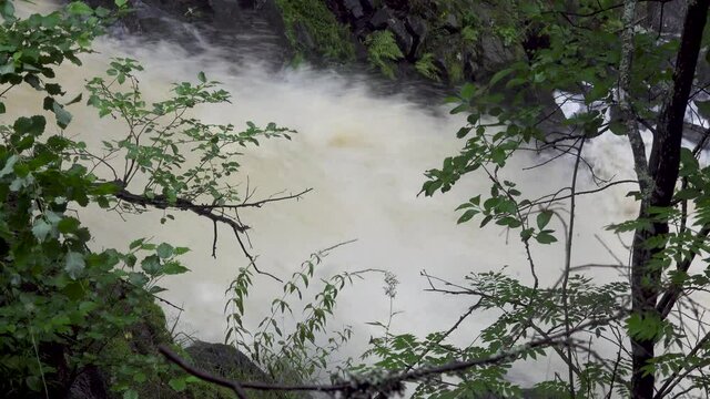 medium waterfall cascade fall in Jukankoski Russian Karelia. closeup view