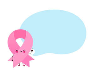 Cute pink ribbon character with speech bubble.