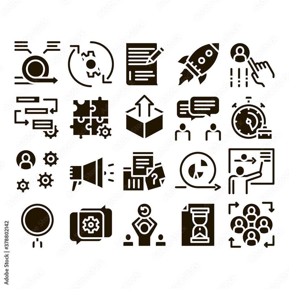 Poster scrum agile collection elements vector icons set thin line. agile rocket and document file, gear and