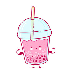Cute happy funny bubble tea cup show muscle
