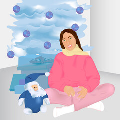 Portrait of a woman sitting in front of a decorated Christmas tree