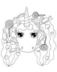 Cute cartoon Unicorn for coloring book or page