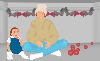 Portrait of a mother and her daughter sitting on the floor